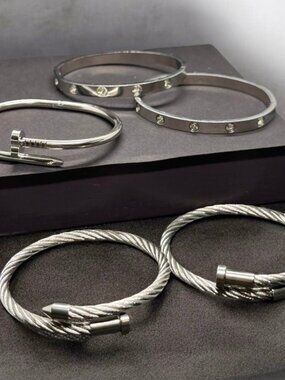 Silver Bangle Bracelet Set CZ Hinged Cable Wire Nail Stacking Cuffs